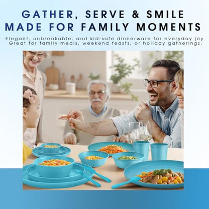 40 Piece Plastic Dinnerware Set for 8 with Cutlery, Unbreakable Plates and Bowls Set, Dishwasher & Microwave Safe Reusable Dish Set for Camping, RV, Outdoor Kitchen, Apartment Dining, Teal - color: Blue