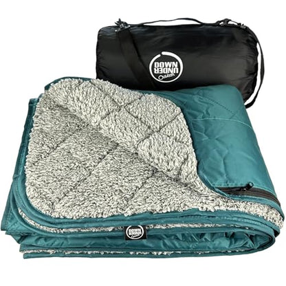 DOWN UNDER OUTDOORS Large Waterproof Windproof Extra Thick 350 GSM Quilted Fleece, or Sherpa Stadium Blanket - color: Teal/Heather Grey