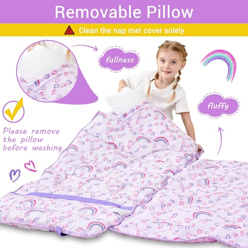 Lasoftan Toddler Nap Mat with Pillow and Blanket, Extra Large Rolled Napping Mats,Slumber Bags for Boys Girls,Kids Sleeping Bag for Daycare, Preschool Travel Camping - color: Rainbow