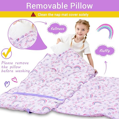 Lasoftan Toddler Nap Mat with Pillow and Blanket, Extra Large Rolled Napping Mats,Slumber Bags for Boys Girls,Kids Sleeping Bag for Daycare, Preschool Travel Camping - color: Rainbow