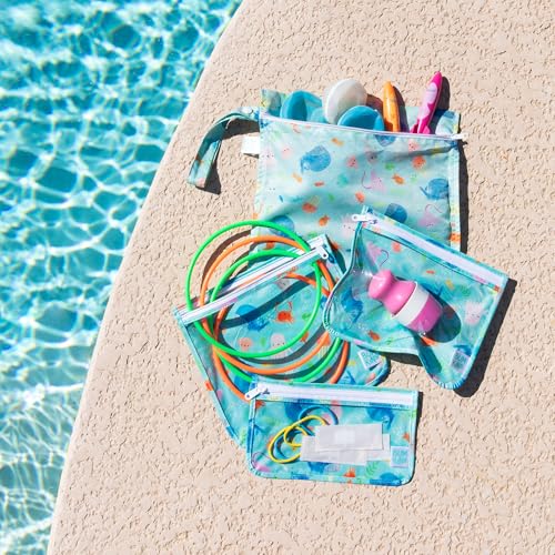 Bumkins - Waterproof Wet Bag & Clear Travel Bags - For Beach, Baby, Travel, Swim Suit, Cloth Diapers, Pump Parts, Pool, Gym, Toiletries - Reusable & Easy to Clean - Ocean Life Blue - 4 Pack - color: B1 Ocean Life
