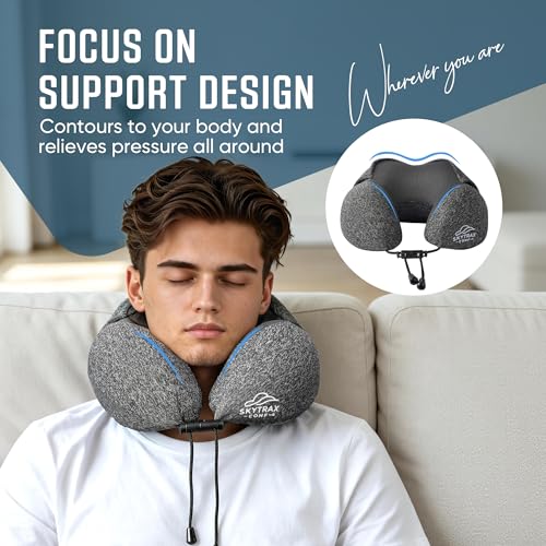 SkytraxComf® Travel Neck Pillow with Hood for Privacy on Long Flights | Memory Foam | Airplane Sleep | Safety-Tested Materials | Extra Large Hood | Chin Support | Earplugs | Washable Cover - color: Grey