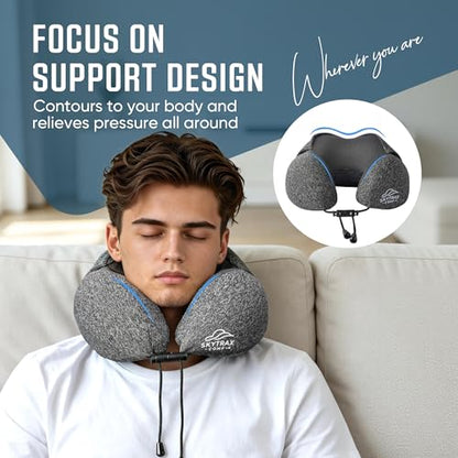 SkytraxComf® Travel Neck Pillow with Hood for Privacy on Long Flights | Memory Foam | Airplane Sleep | Safety-Tested Materials | Extra Large Hood | Chin Support | Earplugs | Washable Cover - color: Grey