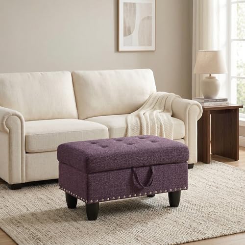 28.5 Inch Storage Ottoman Bench, Upholstered Ottoman with Hidden Storagefor Bedroom Living Room, End of Bed Foot Rest Stool, Purple - color: Purple