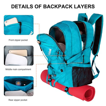 Goloni 45L Hiking Backpack Lightweight Foldable, Waterproof Camping Backpack with Rain Cover & Hiking Pole Mat Carrying System, Ergonomic Water Resistant Daypack for Trekking Travel Men Women Blue - color: Blue