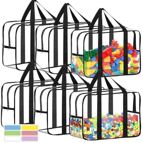 6 Packs XXL Toy Storage Bags 16.5×11.8×6.8In with Labels, Large Capacity Reusable Clear PVC Board Game Storage, Travel Waterproof Organizer Bags with Zipper - color: black, size: XX-Large