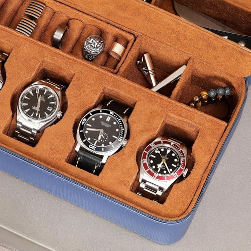 ROTHWELL 8 Watch Travel Case Storage Organizer for 8 Watches, Sunglasses, Rings & Cufflinks |Tough Portable Protection with Zipper Fits Most Wristwatches & Smart Watches Up to 50mm (Blue/Tan) - color: Blue/Tan