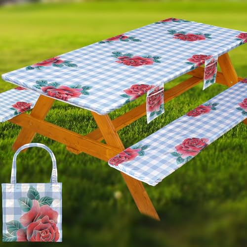 Fitted Picnic Table Cover with Bench Covers Set, Waterproof Lightweight Rectangle 72in Folding Table Cloths Canopy Shade Slipcover Cool Unique Fun Camping Gift for Camper Women Men Family Rv Owners - color: Blue Plaid Rose, size: 72in