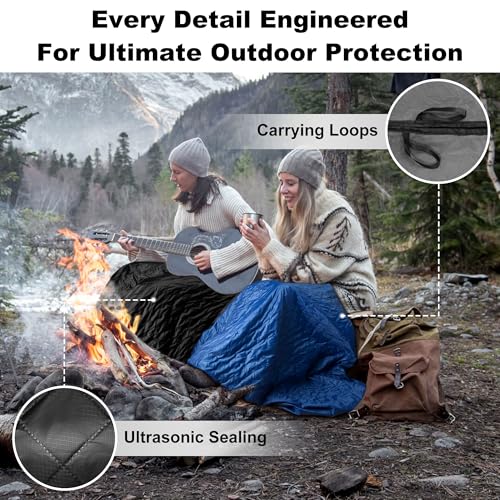 Waterproof Outdoor Blanket 92”X 60” Packable, Stadium Blankets for Camping with Quilted Fleece Lining, Large Windproof Emergency Throw Mat for Garss Picnic Hiking Road Trip, Machine Washable, Black - color: Fleece Black-300 Gsm, size: 92"x 60"
