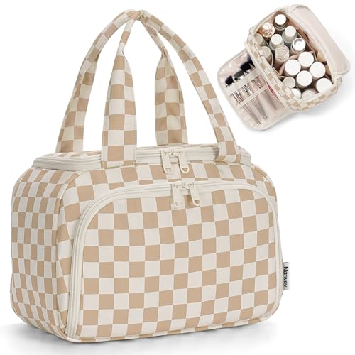 Narwey Checkered Travel Toiletry Bag for Women Large Makeup Bag, Wide-open Cosmetic Make Up Organizer with Handle, Travel Bag for Toiletries, Essentials, Accessories (Light Brown Checkerboard) - color: Light Brown Checkerboard