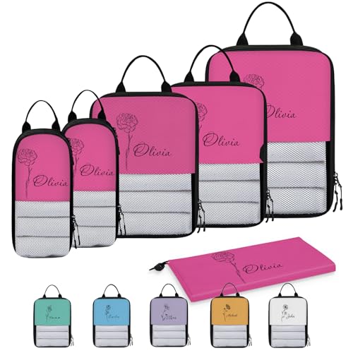 Custom 6 Set Compression Packing Cubes for Travel, Personalized Lightweight Luggage Organizer Bags with Name & Birth Flower, Expandable Large Expandable Packing Organizer, Hot Pink - color: Hot Pink