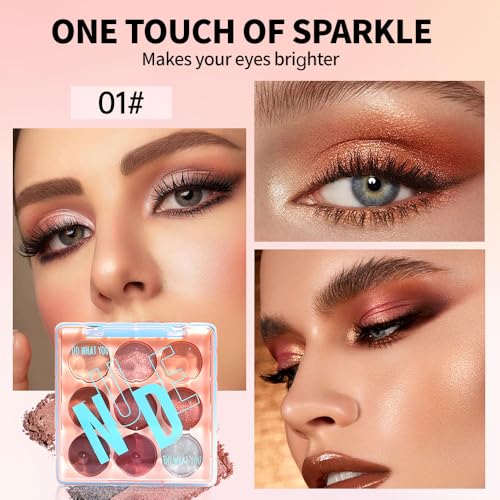 9-Color Nude Brown Eyeshadow Palette – Matte Shimmer Glitter Peach Caramel Bronze Eye Shadow Kit, High Pigment Blendable Long-Lasting Warm Neutral Makeup Palette for Daily Wear, Soft Glam & Travel - color: H01