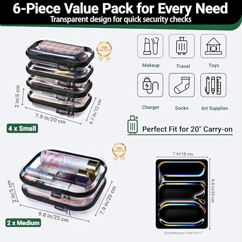 6 Pack Black Clear Hard Shell Beauty Organizer (2M+4S), 1.2mm Heavy Duty Crush-Proof Cosmetic Case, Reinforced YKK Zippers, Stadium Approved Security Bag for Skincare & Electronics, Multi-Size Set - color: Black, size: 6 Pack (2M+4S)