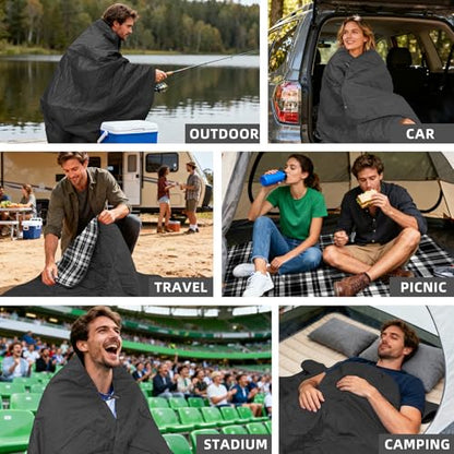 Large Outdoor Waterproof Blanket Extra Thick Fleece Stadium Blanket for Camping, Car, Pet, Picnics - Windproof, Wearable, Machine Washable 80" x 58" (Black Check) - color: Black Check