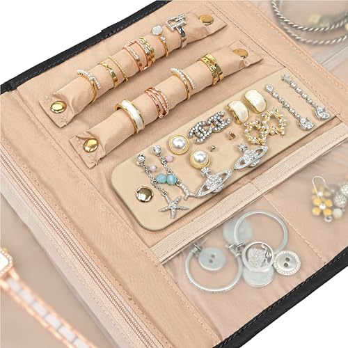 Pavilia Foldable Jewelry Organizer Roll Bag, Small Travel Pouch Wallet for Earrings, Rings, Necklaces, Bracelets (Quilt Black) - color: Quilt Black