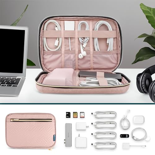 PAVILIA Travel Cord Organizer, Electronic Organizer Travel Case, Tech Case Cable Storage, Small Charger Cord Bag Pouch, Accessories Tech Gifts for Men Women, Pink Quilt - color: Pink Quilt