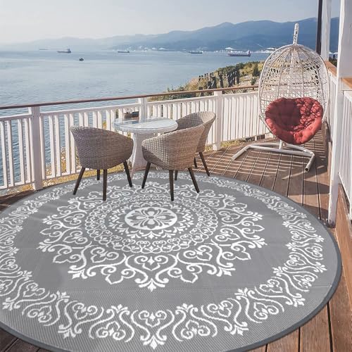 Pauwer Waterproof Outdoor Rug 8ft, Reversible Plastic Straw Patio Camping Rug, Indoor Outdoor RV Mat Carpet for Deck, Camper, Porch, Balcony, Backyard, Picnic, Floral Grey - color: Floral Grey, size: 8' (Round)