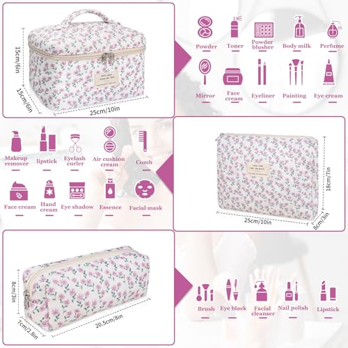 Gosect Makeup Bag Set, Quilted Makeup Bag, Large Floral Cosmetic Bag for Women, Cute Cotton Makeup Bags, Flower Travel Toiletry Organizer Bag (Purple Flower) - color: Purple Flower