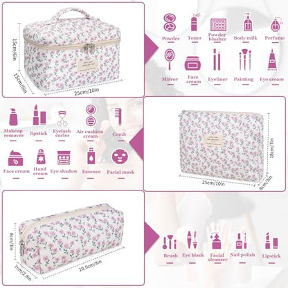 Gosect Makeup Bag Set, Quilted Makeup Bag, Large Floral Cosmetic Bag for Women, Cute Cotton Makeup Bags, Flower Travel Toiletry Organizer Bag (Purple Flower) - color: Purple Flower