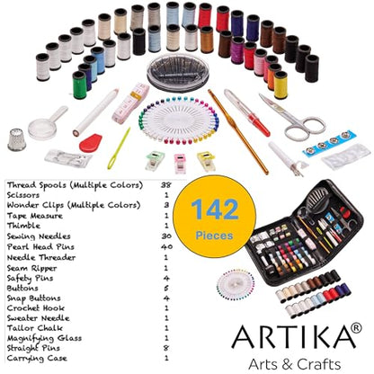 ARTIKA Sewing Kit for Adults and Kids (142 PCS) - Small Beginner Set w/Multicolor Thread, Needles, Scissors, Thimble & Clips - Emergency Repair and Travel Kits - Sewing Accessories and Supplies - style: Sewing kit 142 PCS