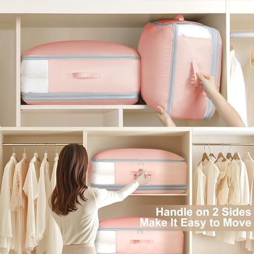 DIMJ Comforter Storage Bag - 110L Ultra Space Saving Self Compression Organize 6 Pack for Duvet, Pillow, Bedding, Blanket Storage Organizer Nylon Compression Bags - color: Pink, size: 110L x 6 Pack