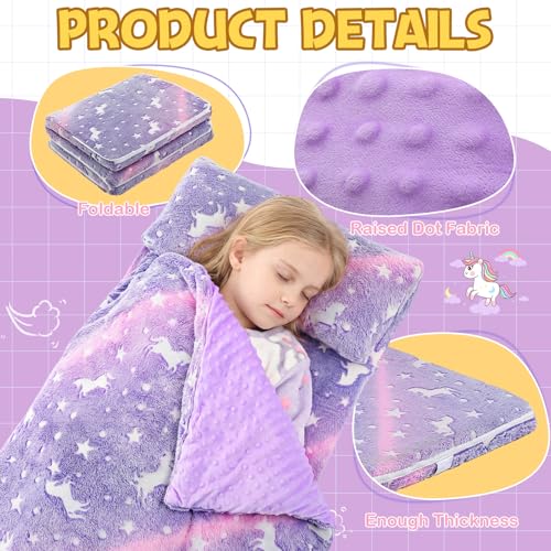 Preschool Nap Mat with Pillow and Blanket, 21" x 50" Glow Sleeping Bag Toddler Nap Mat for Daycare Kids, 2" Thick All in one Foldable Floor Mattress for Girl Boys - style: Unicorn