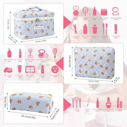 3PCS Coquette Makeup Bag,Quilted Cosmetic Bag Large Make Up Bag Set,Quilted Portable Toiletry Organizer Bag,Cotton Travel Skincare Bag for Women Girls(06-Cute Bear) - style: 06-cute Bear