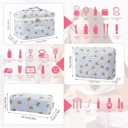 3PCS Coquette Makeup Bag,Quilted Cosmetic Bag Large Make Up Bag Set,Quilted Portable Toiletry Organizer Bag,Cotton Travel Skincare Bag for Women Girls(06-Cute Bear) - style: 06-cute Bear