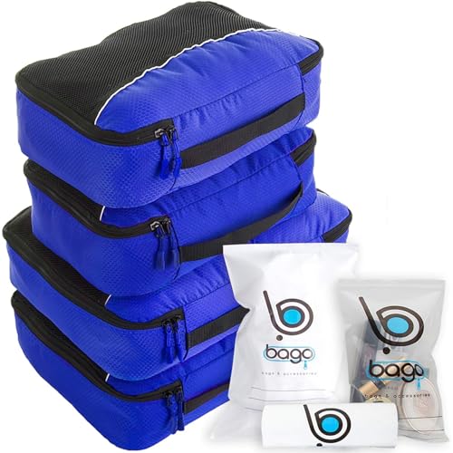 bago 7 Pcs Packing Cubes for Suitcases - 4 Travel Cubes with 3 ZipLock Bags - Luggage Organizer Bags to Get Maximum Storage, Save Time & Effort to Pack - Happy Traveling (Deep Blue) - color: Deep Blue, size: 4pcs Set