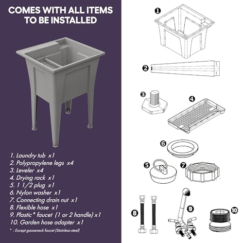Freestanding Utility Sink with One Handle Black Faucet - 24" Plastic Utility Sink for Garage, Laundry, Indoor and Oudoor Use - Laundry Tub Kit by Noah William Home - Grey (19.5 gal) - color: Grey - One handle black faucet