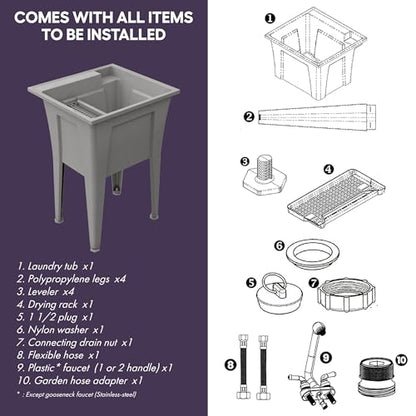 Freestanding Utility Sink with One Handle Black Faucet - 24" Plastic Utility Sink for Garage, Laundry, Indoor and Oudoor Use - Laundry Tub Kit by Noah William Home - Grey (19.5 gal) - color: Grey - One handle black faucet