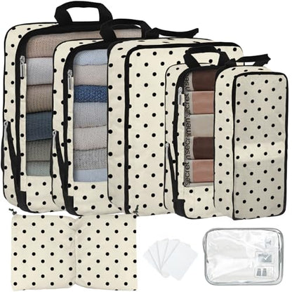 7 Pcs Compression Packing Cubes for Travel, Waterproof Suitcase Luggage Backpack Organizer with Toiletry Bag Travel Essentials for Women/Men-Polka Dots - color: Beige-Polka Dots