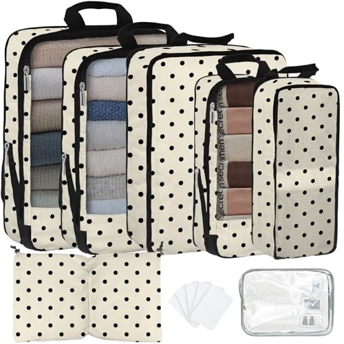 7 Pcs Compression Packing Cubes for Travel, Waterproof Suitcase Luggage Backpack Organizer with Toiletry Bag Travel Essentials for Women/Men-Polka Dots - color: Beige-Polka Dots