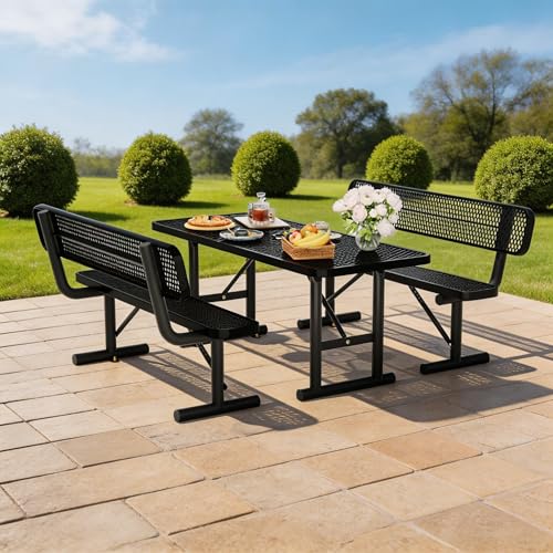 6FT Outdoor Metal Picnic Table with 2 Benches,Heavy Duty Rectangular Picnic Table Set for Outside, Waterproof Commercial Restaurant Table Furniture for Park, Campfield, Patio, Garden, Yard - color: Set A-black, size: 6FT