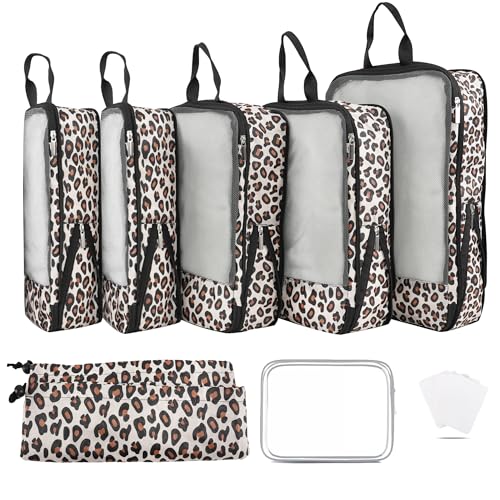 7 Pcs Compression Packing Cubes for Travel Luggage, Lightweight Suitcase Organizer Bags Set, Compression Packaging Cube for Travel Essentials, Packing Cubes for Carry on Suitcase - color: leopard