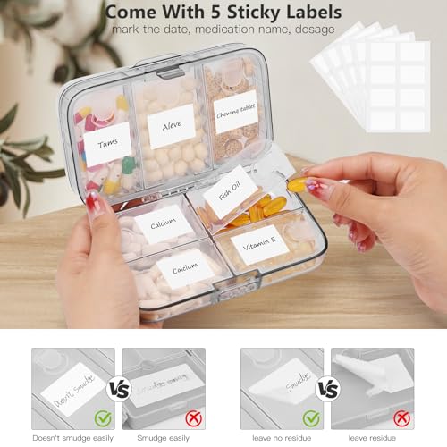 FYY Weekly Pill Organizer with Labels,8 Compartments Travel Daily Pill Case Airtight Moistureproof Large Pill Box to Hold Vitamins, Fish Oil, Supplements,Cotton Swab and Bandages-Grey - color: Grey