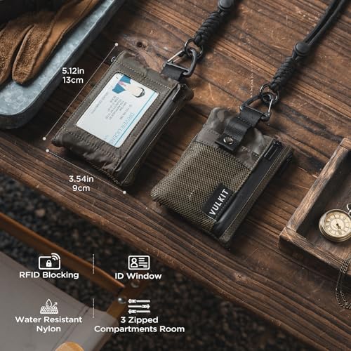 VULKIT Small Minimalist Wallet for Women and Men RFID Blocking, Zipper Coin Pouch with ID Window and Keychain, Water Resistant Travel Lanyard Wallet Camouflage - color: Camouflage