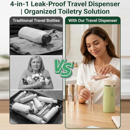 4 in 1 Travel Dispenser Bottle Set, Leakproof TSA Travel Size Containers for Toiletries, Portable Refillable Bottles, Hard Shell Rotating Design with Scale and Labels - color: Green