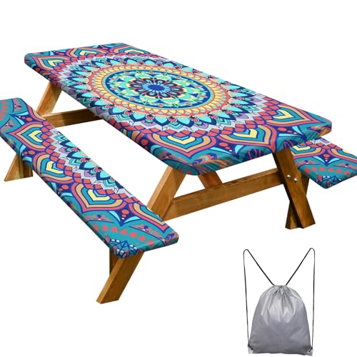 Picnic Table Cover with Bench Covers 6FT 3 Pcs Waterproof Windproof Aesthetic Camping Tablecloth with Drawstring Bag, Fitted for 6 Foot Rectangle Tables and Seats, 72 inch, Yellow Blue Orange - color: Yellow Blue Orange