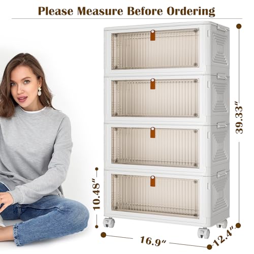 YFXCVSL 4 Tier Plastic Storage Bins with Lid 36QT, Stackable Storage Containers with Wheels, Folding Storage Boxes, Stackable Storage Bins, Organizers and Storage for Living Room,Office,Dorm - size: 4-Tier 36QT