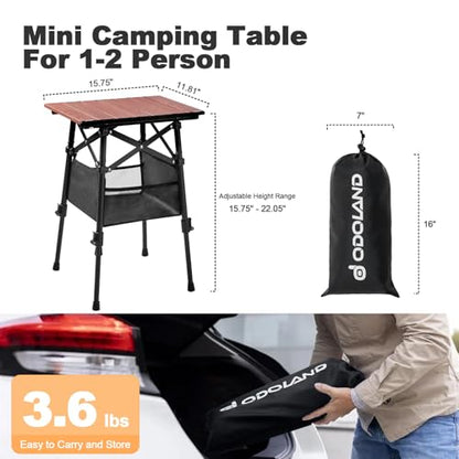Odoland Portable Camping Table, 15.8"L x 11.8"W Folding Table with Adjustable Height 15.8" - 22", Small Beach Table with Storage Bag for Outdoor Camp, Cooking, Picnic, Travelling, Backyards, Fishing - size: 15.75"L x 11.81"W x 15.75"H