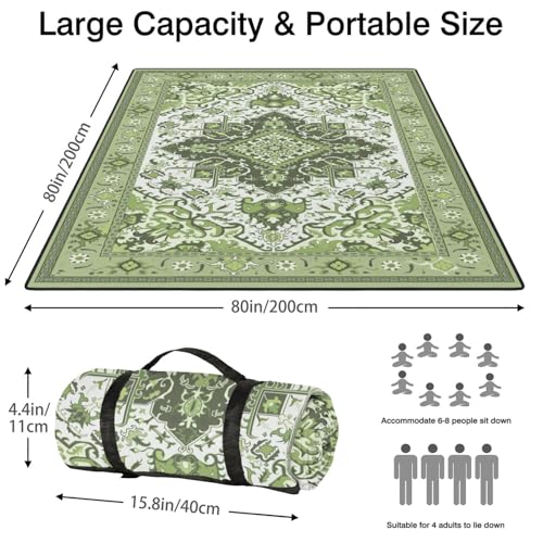 Supfitness Extra Large Picnic Blankets Waterproof Foldable (80"x 80") Beach Blanket Waterproof Sandproof,3-Layer Thicking Mat Outdoor Packable Camping Blanket - color: Boho-green, size: 80x80in