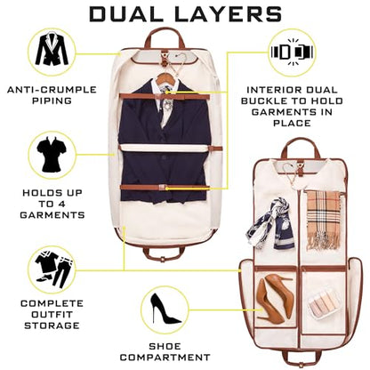 ZEGUR Premium Garment Bag Carry On for Women - Hangs Blazers, Pantsuits & More - Travel Bag with Shoulder Strap and Laptop Compartment (Beige with Saddle Brown Leather) - color: Beige