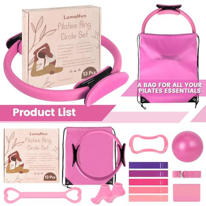 Pilates Kit for Women 13PCS, Pilates Ring and Ball Set with Magic Circle, Resistance Bands Set, Figure 8 Band, Yoga Ring & Grip Socks, Home Workout Equipment Essentials Starter Kit for Beginners - color: Pink