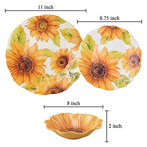 UPware 12 Piece Sunflower Melamine Dinnerware Sets, Outdoor Dishes Set, Plates and Bowls Sets, Service for 4, Yellow - color: Sunflower