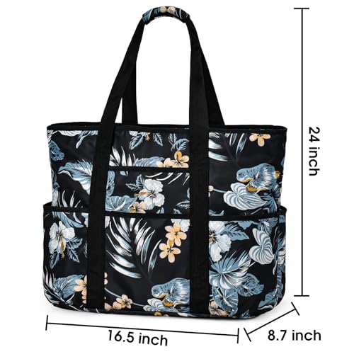 Becokan Beach Bags for Women Large Beach Tote Bag with Zipper Pockets Beach Bag Waterproof Sandproof Travel Nurse Tote Bag - color: Black Flowers