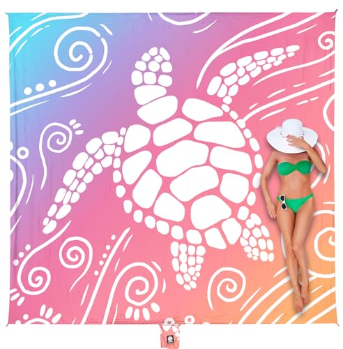 WEKAPO Beach Blanket Waterproof Sandproof Oversized Extra Large Sand Free Beach Mat with Stakes, Storage Bag - Essentials for Outdoor Beach, Picnic (Pinkish Purple Sea Turtle, 11 X 9 FT (1~10 Person)) - color: Pinkish Purple Sea Turtle, size: 11 X 9 FT (1
