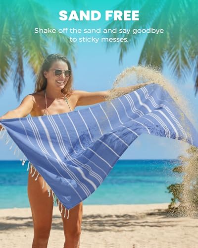 Turkish Beach Towels Vacation Essentials with Bag Quick Dry Sand Free Soft Absorbent Adult Bath Pool Swim Long Wide Stripe Towel Cloud Linen Sandfree Mat Summer Thing Lightweight Thin Travel Blue - color: Thinner Blue, size: 72 x 36 inch