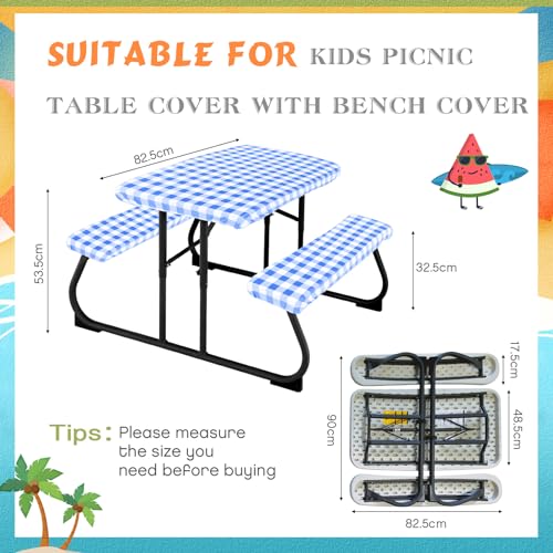 Moukeren 3 Pieces Picnic Table Cover for Kids with Bench Covers Fitted Tablecloth for Outdoors Vinyl Waterproof Cloth for Camping Home Goods Indoor Outdoor Patio BBQ(Blue, White)