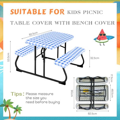 Moukeren 3 Pieces Picnic Table Cover for Kids with Bench Covers Fitted Tablecloth for Outdoors Vinyl Waterproof Cloth for Camping Home Goods Indoor Outdoor Patio BBQ(Blue, White)